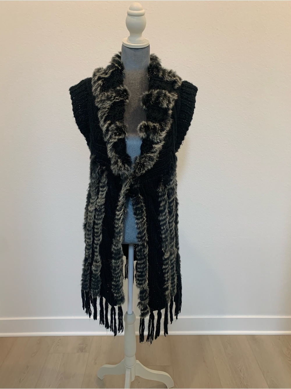Berek Black Knit Fringe Vest with Rabbit Fur Trim